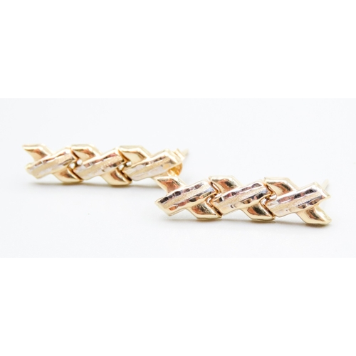 460 - Matching Attractively Detailed Crossover Link Drop Earrings Mounted in 9 Carat Yellow Gold 3cm High