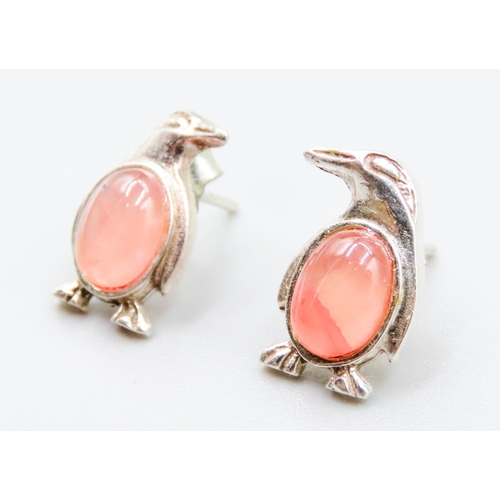 468 - Pair of Quartz Set Silver Penguin Motif Earrings 1.5cm High