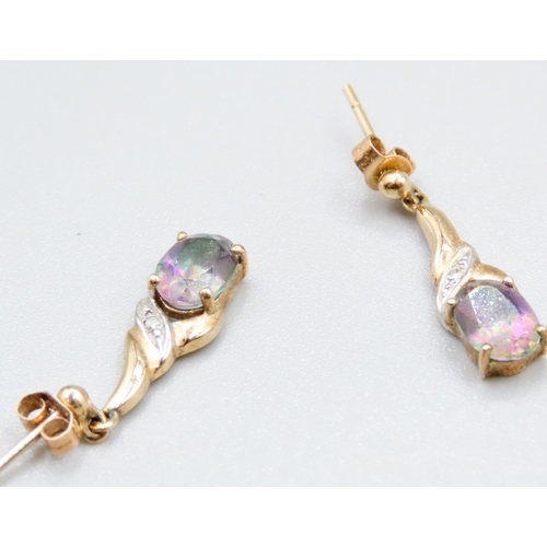 470 - Pair of 9 Carat Yellow Gold Mystic Topaz and Diamond Set Ladies Drop Earrings 1.5cm High