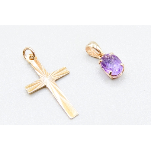 480 - 9 Carat Yellow Gold Amethyst Set Pendant with 9 Carat Yellow Gold Cross Pendant