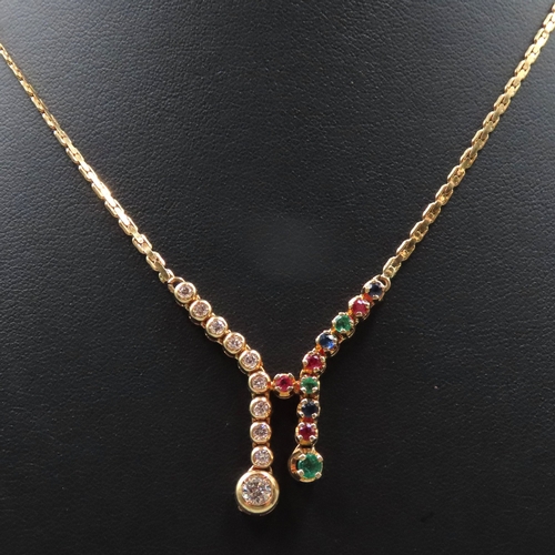 499 - 18 Carat Yellow Gold Diamond Sapphire Ruby and Emerald Set Ladies Necklace Finely Detailed  Approxim... 