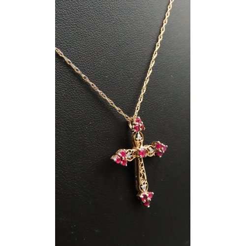 5 - Finely Detailed Ruby and Diamond Set Cross Pendant Mounted in 9 Carat Yellow Gold 2cm High Set on 9 ... 