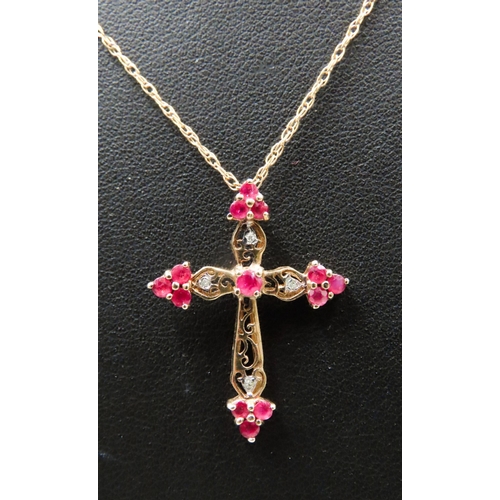 5 - Finely Detailed Ruby and Diamond Set Cross Pendant Mounted in 9 Carat Yellow Gold 2cm High Set on 9 ... 