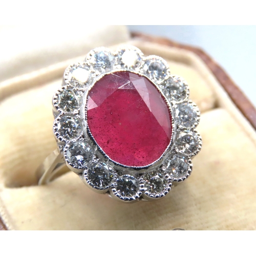 500 - Platinum Set Six Carat Ruby Cluster Ring with 2.5ct of Diamond Ring Size O