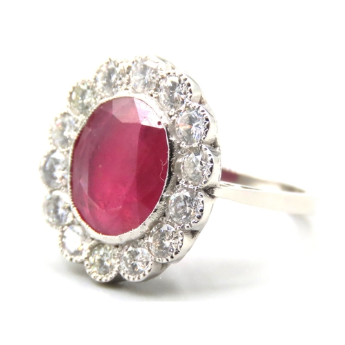 500 - Platinum Set Six Carat Ruby Cluster Ring with 2.5ct of Diamond Ring Size O