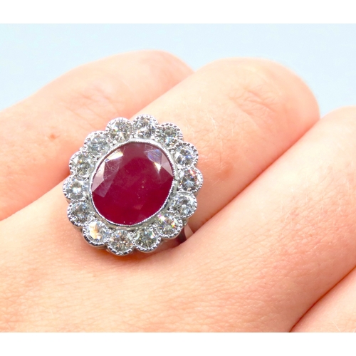 500 - Platinum Set Six Carat Ruby Cluster Ring with 2.5ct of Diamond Ring Size O