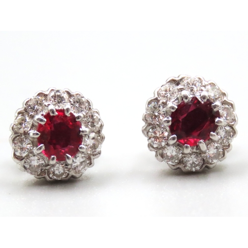 502 - Pair of 18 Carat White Gold Ruby and Diamond Cluster Set Earrings Ruby Total Carat Weight 1.5ct Diam... 