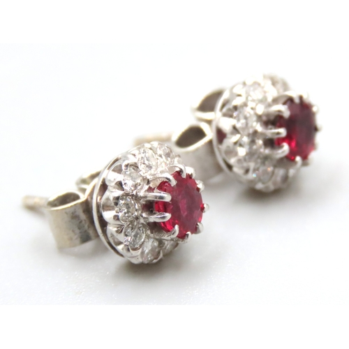 502 - Pair of 18 Carat White Gold Ruby and Diamond Cluster Set Earrings Ruby Total Carat Weight 1.5ct Diam... 