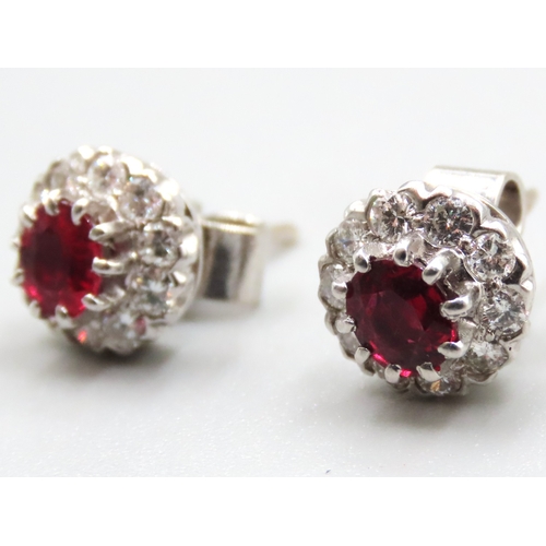 502 - Pair of 18 Carat White Gold Ruby and Diamond Cluster Set Earrings Ruby Total Carat Weight 1.5ct Diam... 