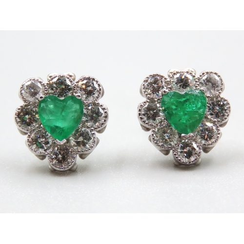 503 - Pair of Platinum Set Emerald and Diamond Cluster Heart Motif Earrings Emeralds Approximately 1.3 Car... 