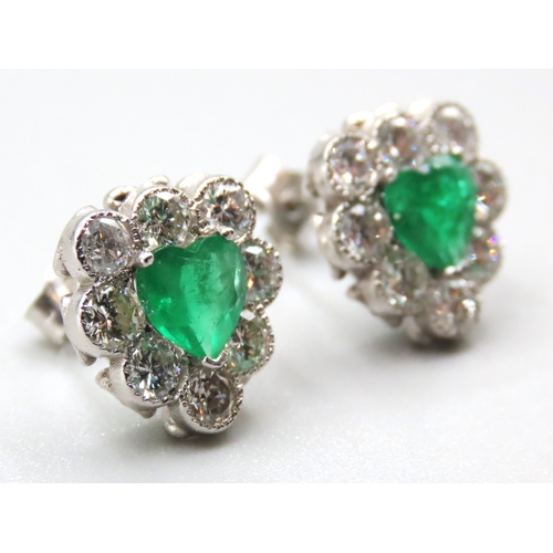 503 - Pair of Platinum Set Emerald and Diamond Cluster Heart Motif Earrings Emeralds Approximately 1.3 Car... 