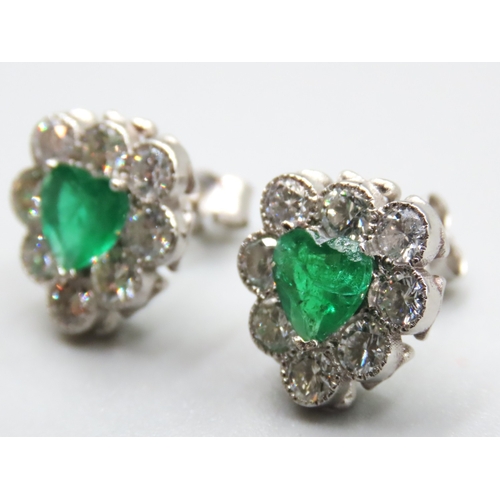 503 - Pair of Platinum Set Emerald and Diamond Cluster Heart Motif Earrings Emeralds Approximately 1.3 Car... 