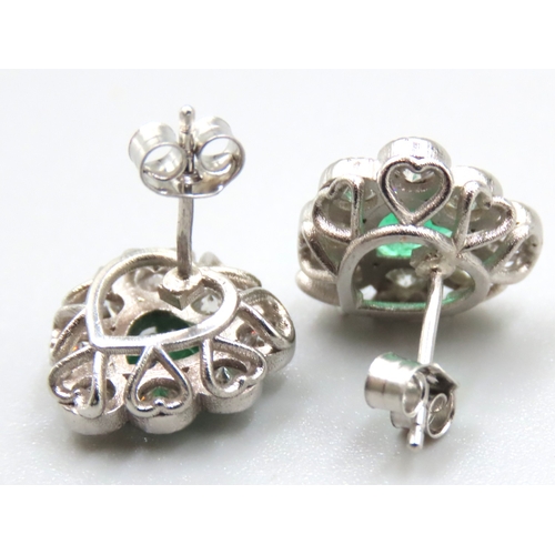 503 - Pair of Platinum Set Emerald and Diamond Cluster Heart Motif Earrings Emeralds Approximately 1.3 Car... 