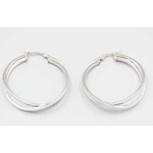 59 - Pair of 9 Carat White Gold Crossover Form Ladies Hoop Earrings 3.5cm Diameter