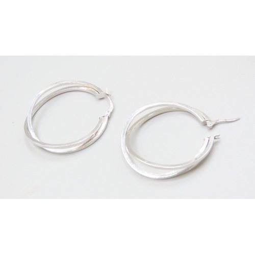 59 - Pair of 9 Carat White Gold Crossover Form Ladies Hoop Earrings 3.5cm Diameter