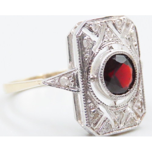 66 - Bezel Set Red Garnet and Diamond Set Panel Form Ring Mounted in 9 Carat Yellow Gold Ring Size O As N... 