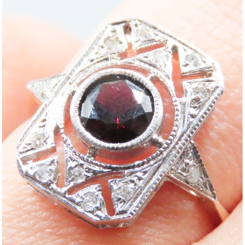 66 - Bezel Set Red Garnet and Diamond Set Panel Form Ring Mounted in 9 Carat Yellow Gold Ring Size O As N... 