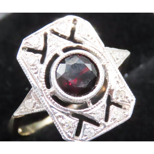 66 - Bezel Set Red Garnet and Diamond Set Panel Form Ring Mounted in 9 Carat Yellow Gold Ring Size O As N... 