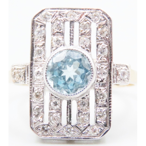 69 - Bezel Set Aquamarine and Diamond Set Ladies Panel Form Ring Mounted in 9 Carat Yellow Gold Ring Size... 