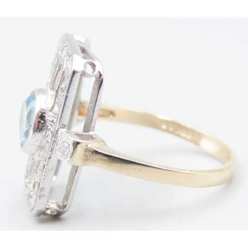 69 - Bezel Set Aquamarine and Diamond Set Ladies Panel Form Ring Mounted in 9 Carat Yellow Gold Ring Size... 