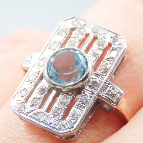 69 - Bezel Set Aquamarine and Diamond Set Ladies Panel Form Ring Mounted in 9 Carat Yellow Gold Ring Size... 