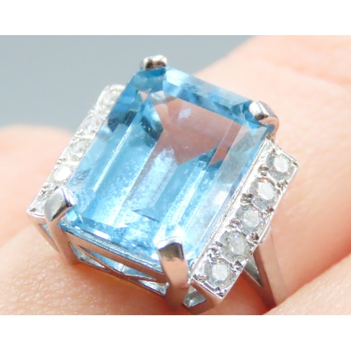 72 - Emerald Cut Sky Blue Topaz and Diamond Set Ring Mounted in 9 Carat White Gold Ring Size P and  Half ... 