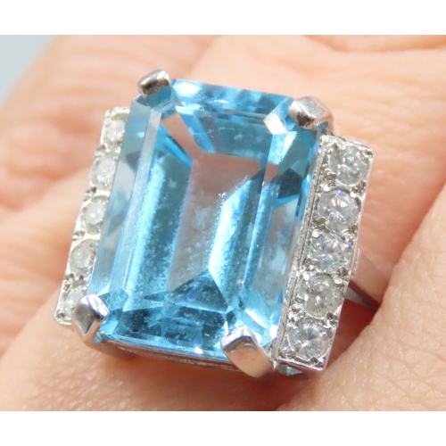 72 - Emerald Cut Sky Blue Topaz and Diamond Set Ring Mounted in 9 Carat White Gold Ring Size P and  Half ... 