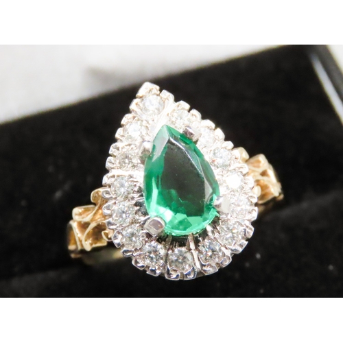 76 - Pear Cut Emerald Triplet with Diamond Set Surround Mounted in 9 Carat Yellow Gold Ring Size P As New... 