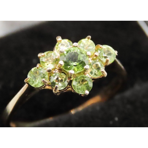 77 - Peridot Set Cluster Ring Mounted in 9 Carat Yellow Gold Ring Size R As New Unworn Inherited Jeweller... 