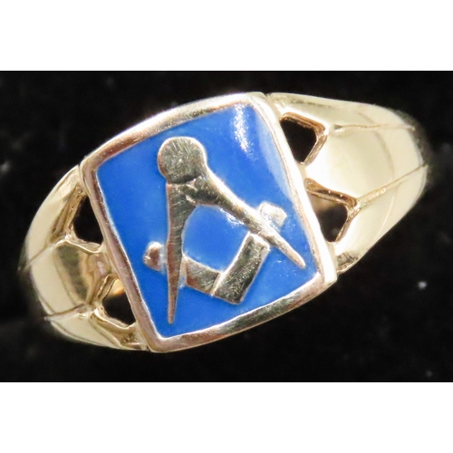 78 - 9 Carat Yellow Gold Masonic Motif Enamel Decorated Ring Size As New Unworn Inherited Jewellery Shop ... 