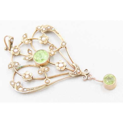 88 - Finely Detailed Peridot and Seed Pearl Set Pendant Mounted in 9 Carat Yellow Gold 4cm Drop