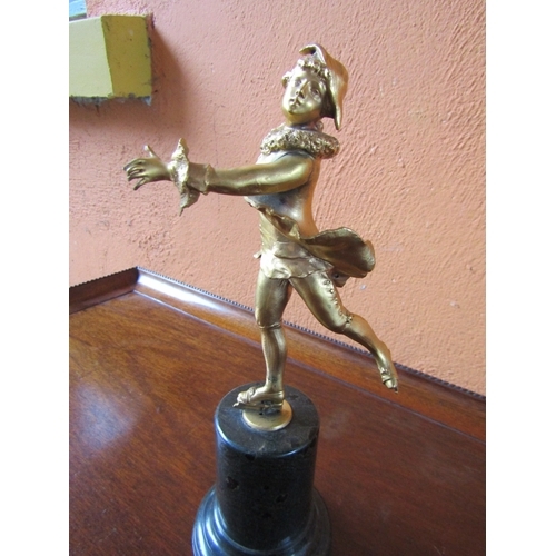 1013 - Antiques Gilded Bronze Sculpture Skater on Turned Pedestal Marble Base Approximately 10 Inches High