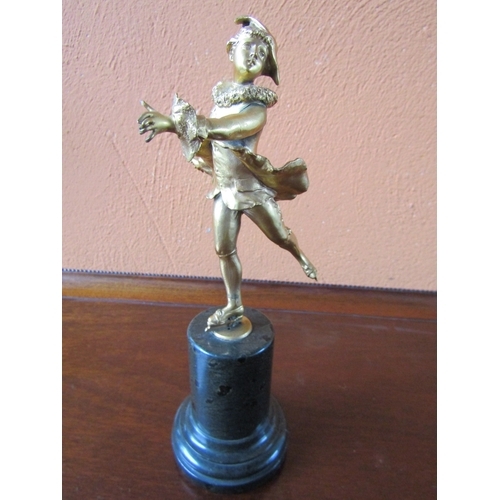 1013 - Antiques Gilded Bronze Sculpture Skater on Turned Pedestal Marble Base Approximately 10 Inches High