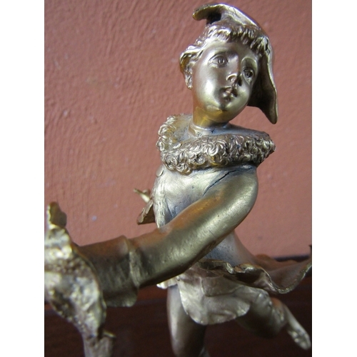 1013 - Antiques Gilded Bronze Sculpture Skater on Turned Pedestal Marble Base Approximately 10 Inches High