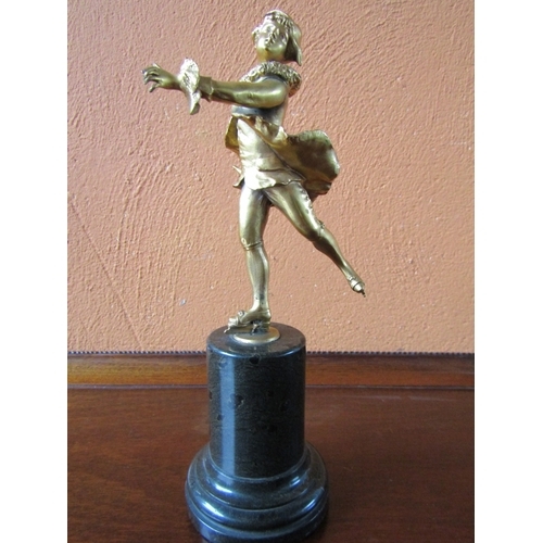 1013 - Antiques Gilded Bronze Sculpture Skater on Turned Pedestal Marble Base Approximately 10 Inches High