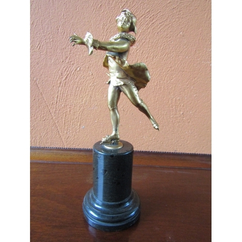 1013 - Antiques Gilded Bronze Sculpture Skater on Turned Pedestal Marble Base Approximately 10 Inches High