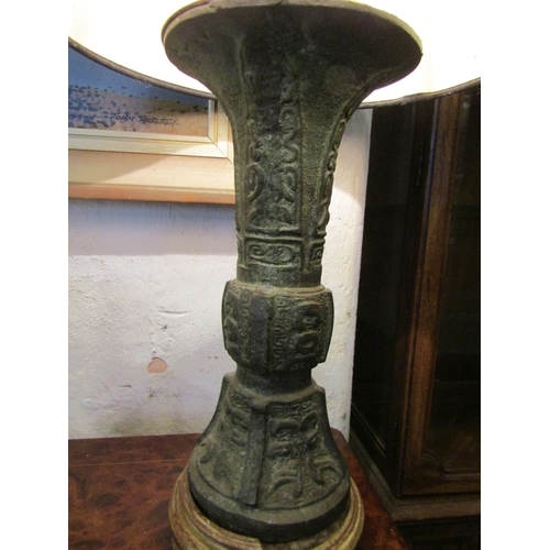 1028 - Bronze Table Lamp Tweed Clad Shade Electrified Working Order Approximately 24 Inches High