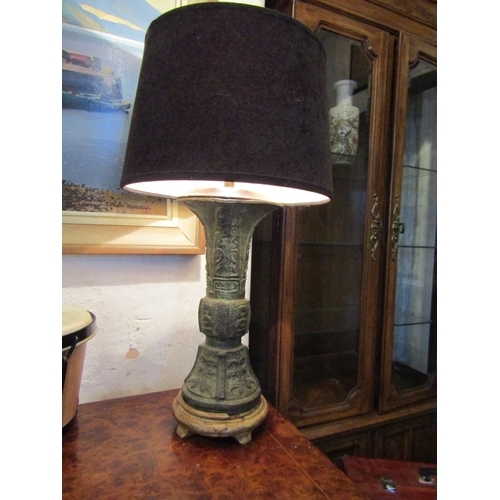 1028 - Bronze Table Lamp Tweed Clad Shade Electrified Working Order Approximately 24 Inches High