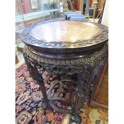 1037 - Imposing Antique Chinese Stand Carved Hardwood with Inset Rouge Marble Top Approximately 20 Inches D... 