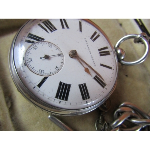 1046 - Silver Cased Half Hunter Pocket Watch Improved Patent with Silver Watch Chain and Fob