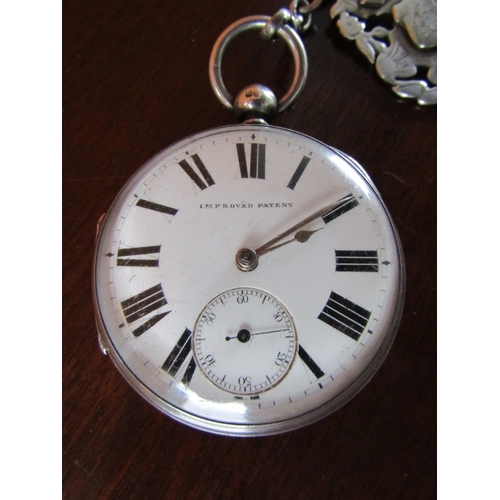 1046 - Silver Cased Half Hunter Pocket Watch Improved Patent with Silver Watch Chain and Fob