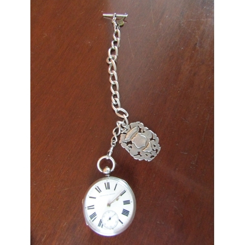 1046 - Silver Cased Half Hunter Pocket Watch Improved Patent with Silver Watch Chain and Fob