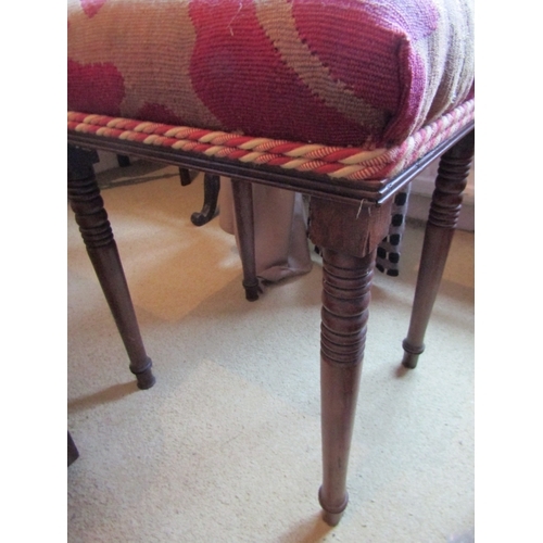 1079 - George III Mahogany Foot Stool Turned and Tapering Supports Tapestry Seat 16 Inches Wide x 14 Inches... 