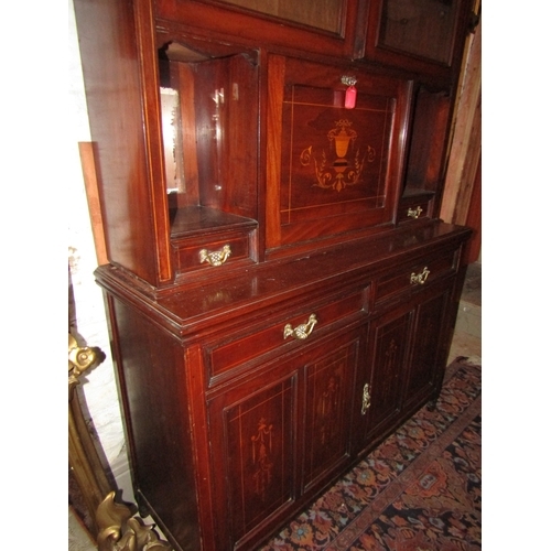 1099 - Victorian Rosewood Marquetry Decorated Secretaire Cabinet Glazed Twin Doors Above Cupboard Base Appr... 