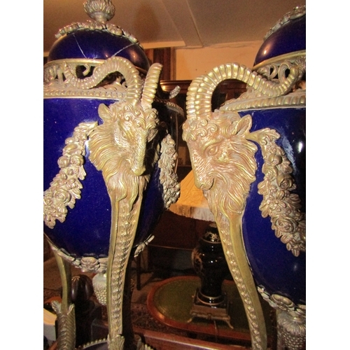 1108 - Pair of Ormolu Mounted Table Ends Sevres Porcelain French One Cover Damaged Each Approximately 22 In... 