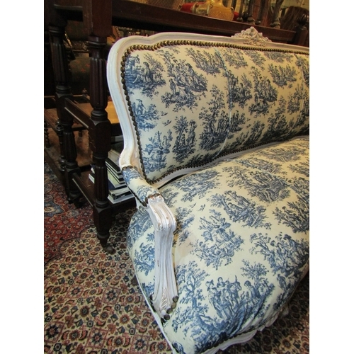 1121 - French Salon Settee with Blue and White Upholstery French Cream Painted Approximately 6ft 6 Inches W... 