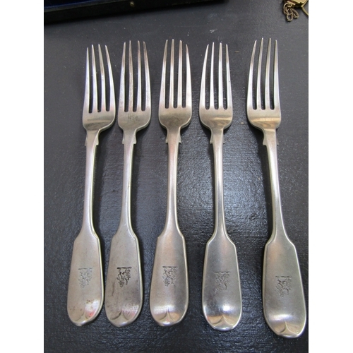 1127 - Five Silver Table Forks Fiddle Pattern Engraved with Crests