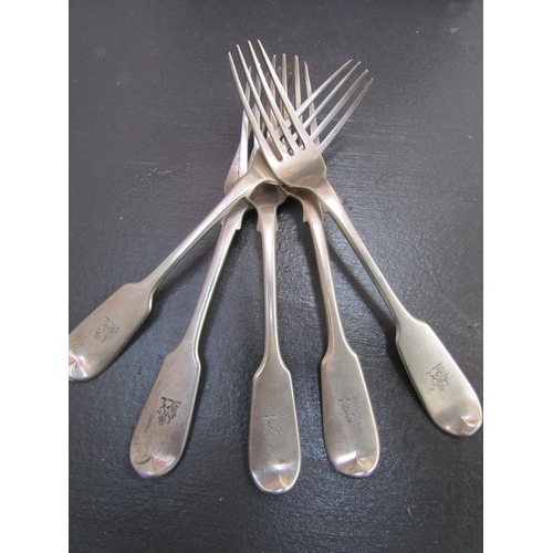 1127 - Five Silver Table Forks Fiddle Pattern Engraved with Crests