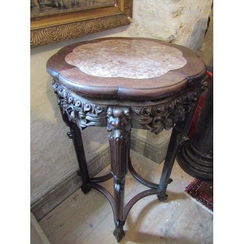 1178 - Antique Oriental Carved Hardwood Stand Inset Marble Top Approximately 14 Inches Wide x 32 Inches Hig... 