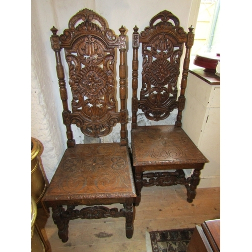 1180 - Pair of Carved Jacobean Tall Back Hall Chairs Further Carved Supports Full Size